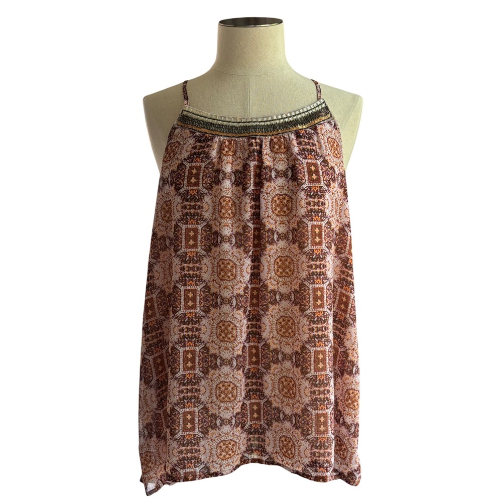 Knox Rose Boho Top L Paisley Medallion Print Embellished Neckline 70s Festival
